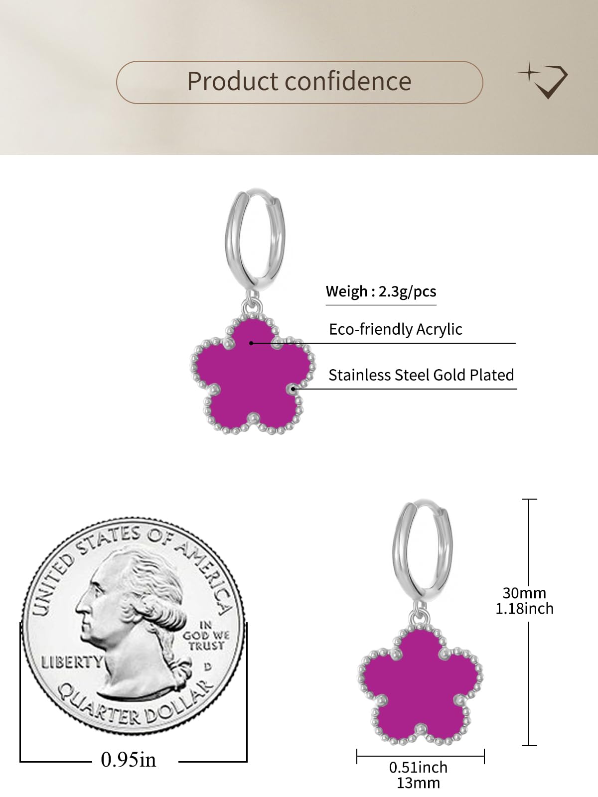Gold Plated Five Leaf Clover Dangle Dot Earrings for Women Lucky Flower Jewelry (Purple-White Gold Plated)