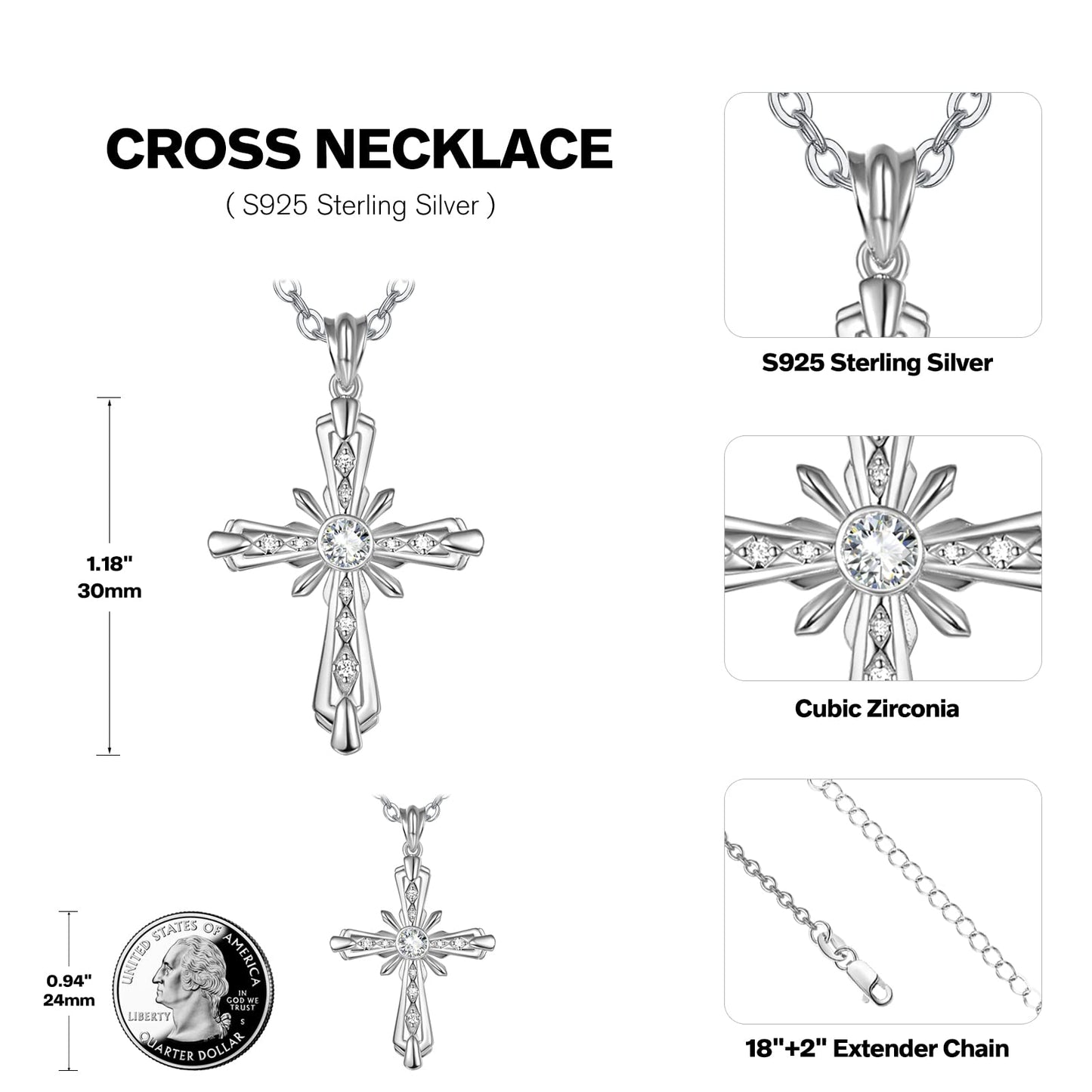 Dreamboat Sterling Silver Cross Necklace for Womens Cross Pendant Crucifix Necklace Faith Christian Jewelry Confirmation Religious Gifts for Mom