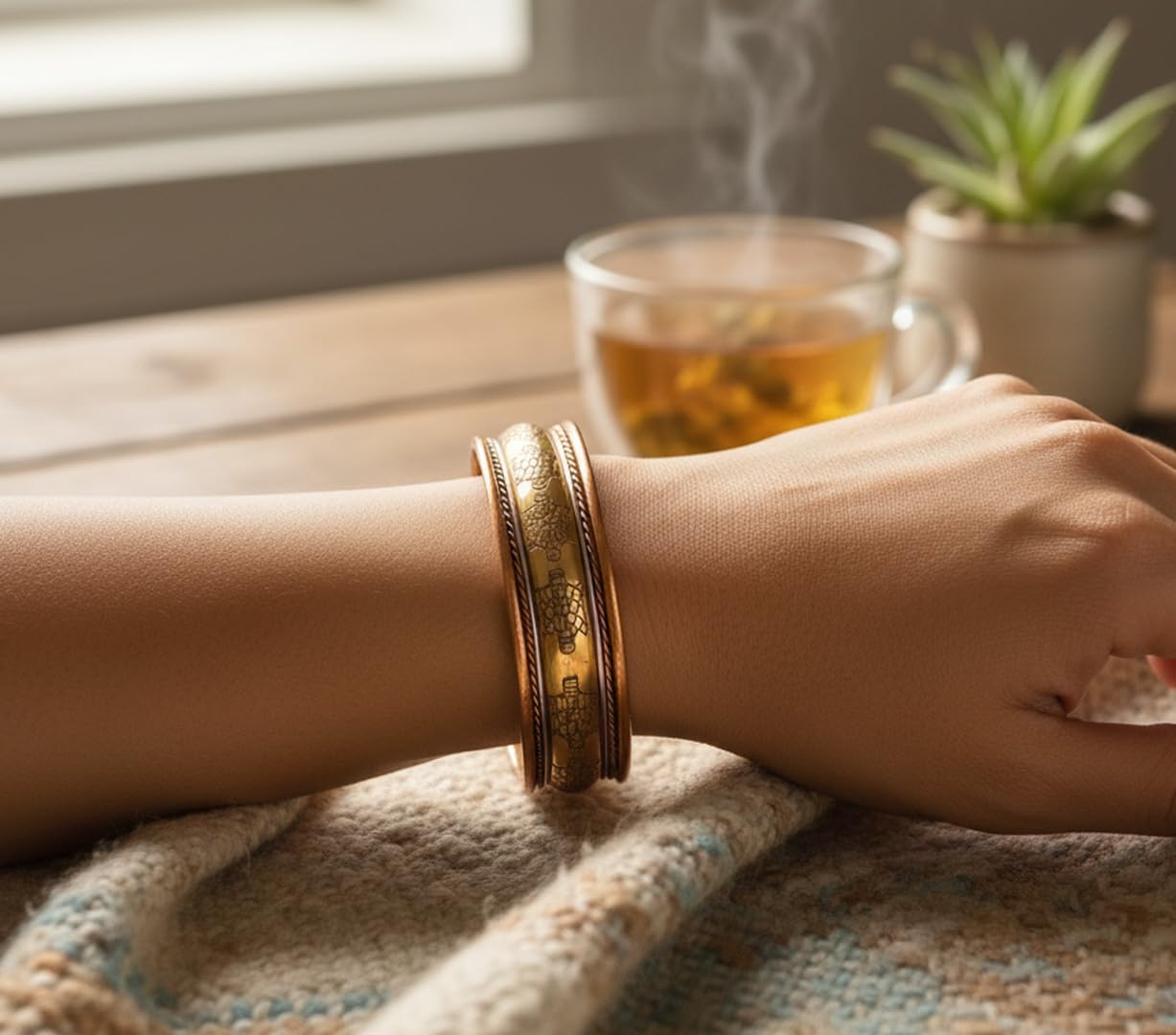 Touchstone handcrafted magnetic copper bracelet. Hand forged with solid and high gauge Tibetan style engraved cuff pure copper jewelry for women men. Tortoise Inspired