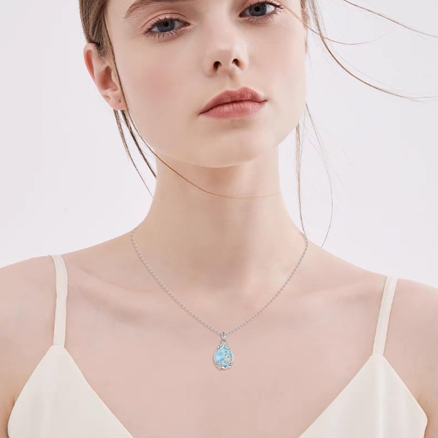 POPLYKE Sterling Silver Larimar Filigree Teardrop Pendant Necklace Gemstone Crystal Jewelry for Women