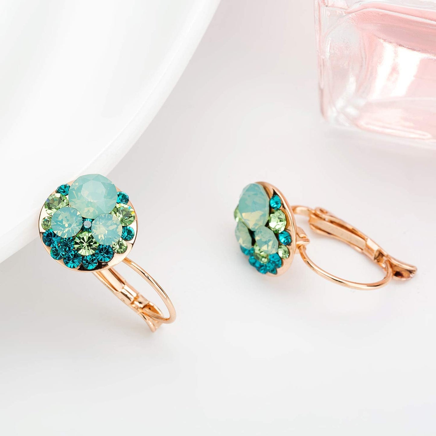 Multicolored Austrian Crystal Drop Earrings for Women 14K Gold Plated Hypoallergenic Leverback Hoop Earrings
