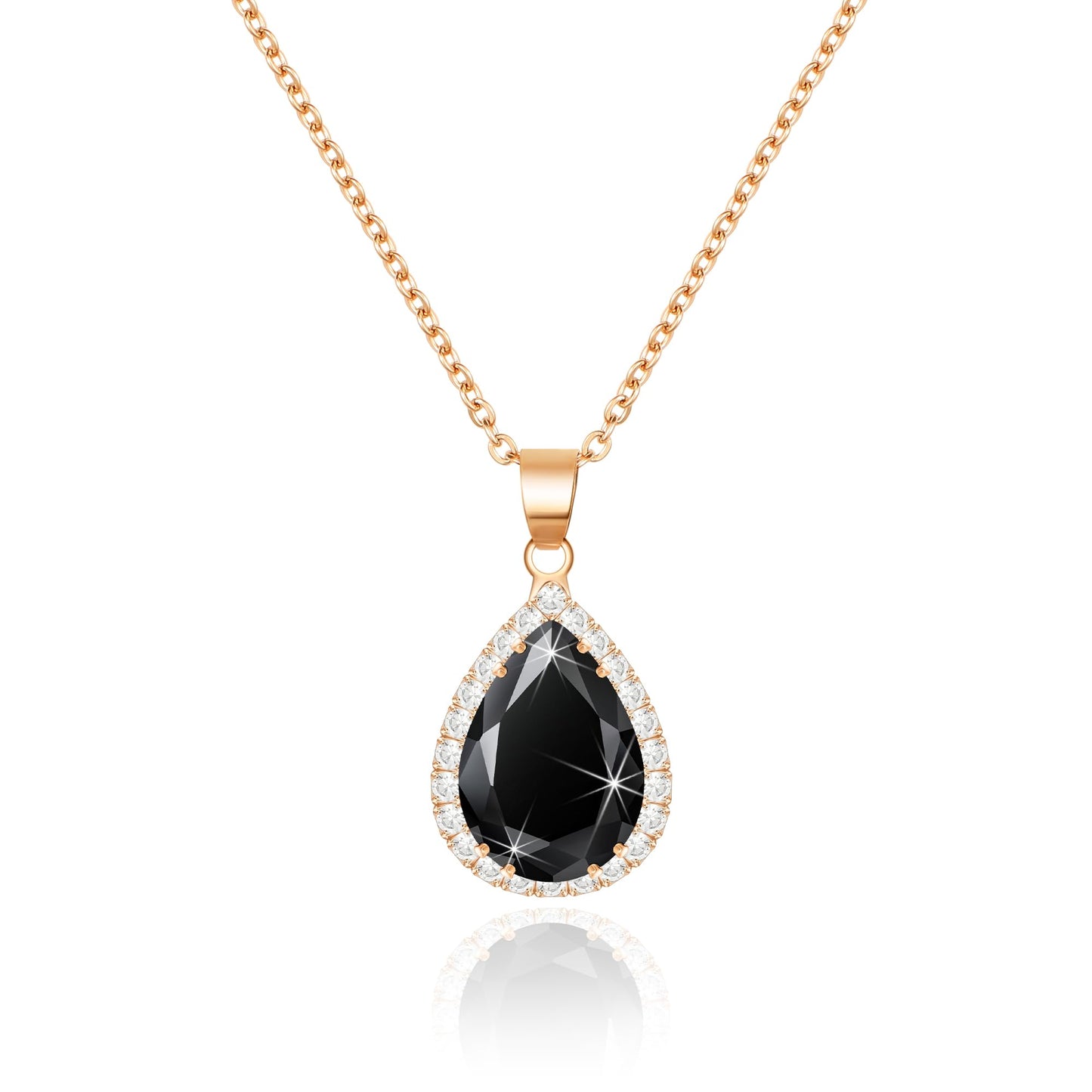 Linawe Black Crystal Chain Necklace for Women Rose Gold, Imitation Diamond Pendant Boho Cubic Zirconia Birthstone Rhinestone Teardrop Necklace, Preppy wedding Costume Jewelry Set