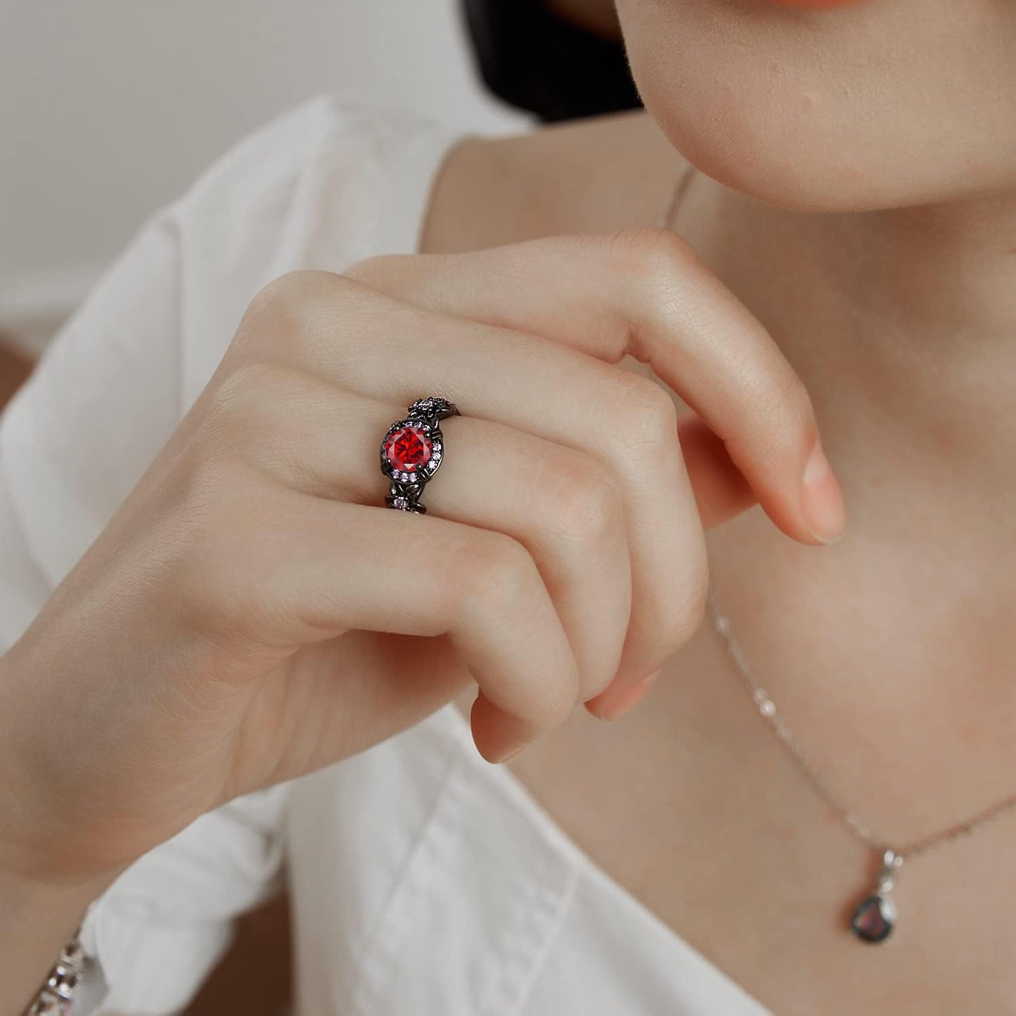 Vintage Black Gold Plated Ring with Created Garnet Gemstone, Purple CZ Accents, Wedding Engagement Band, Sizes 5-10 (9)