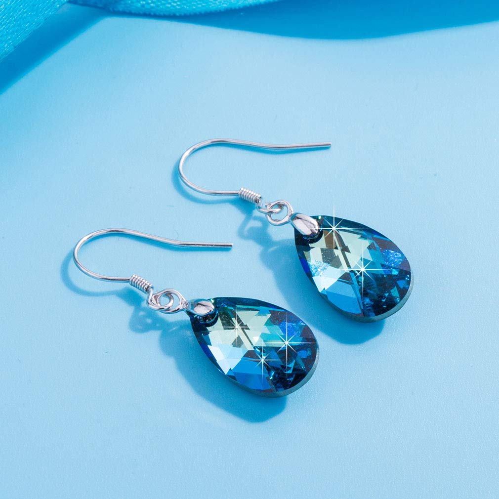 Austrian Crystal Teardrop Dangle Earrings for Women Drop Hook Earring 925 Sterling Silver Hypoallergenic Jewelry (Bermuda Blue)