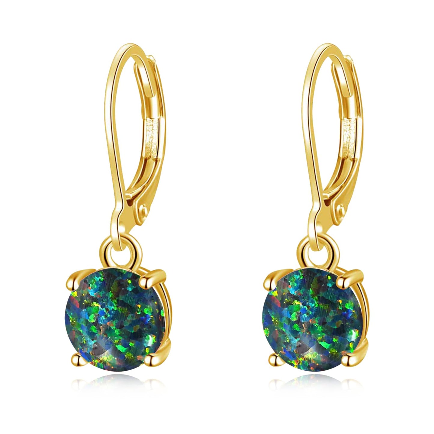 CiNily Round-Cut Opal Dangle Earrings for Women Hypoallergenic Black and Green Fire Opal Rhodium Plated Leverback Gemstone Drop Earrings Jewelry