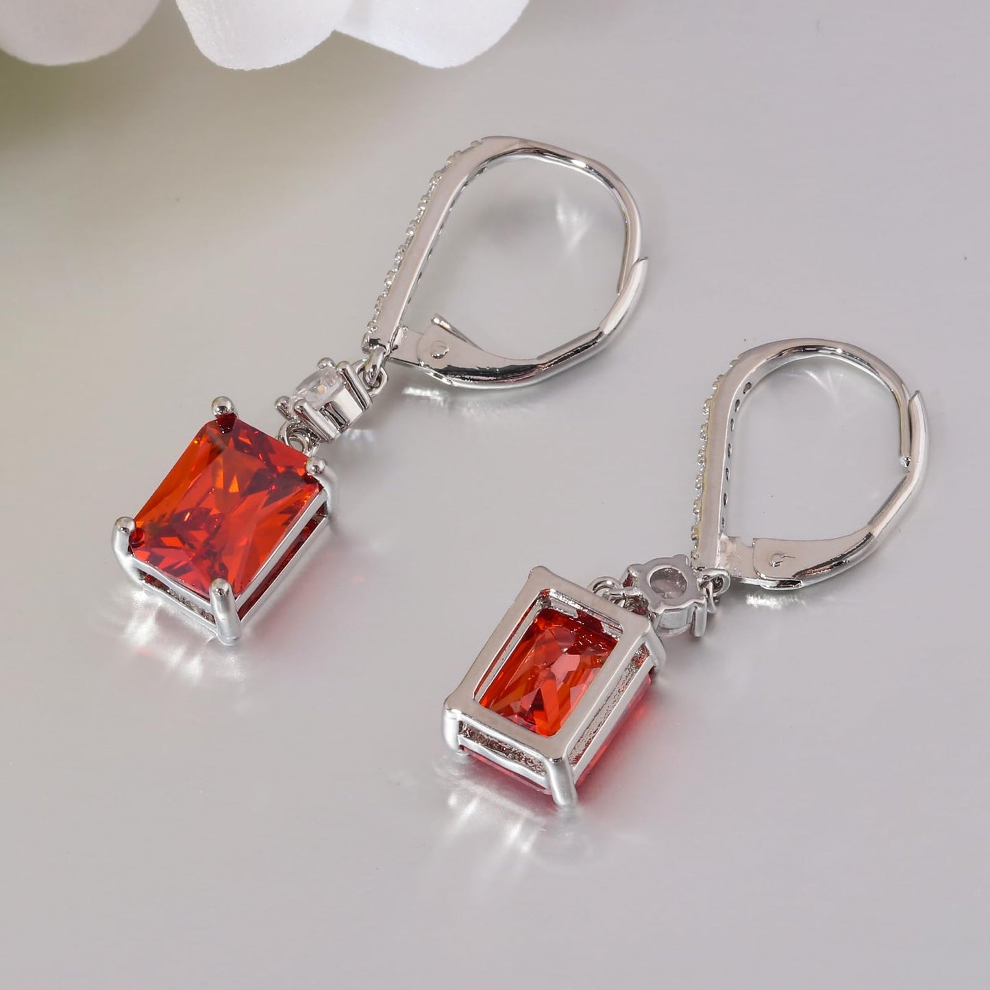 CiNily Rectangular-cut Drop Dangle Earrings Hypoallergenic, 14K White Gold Plated Red Cubic Zircon Earrings Diamond Dangle Earrings Jewelry for Sensitive Ear