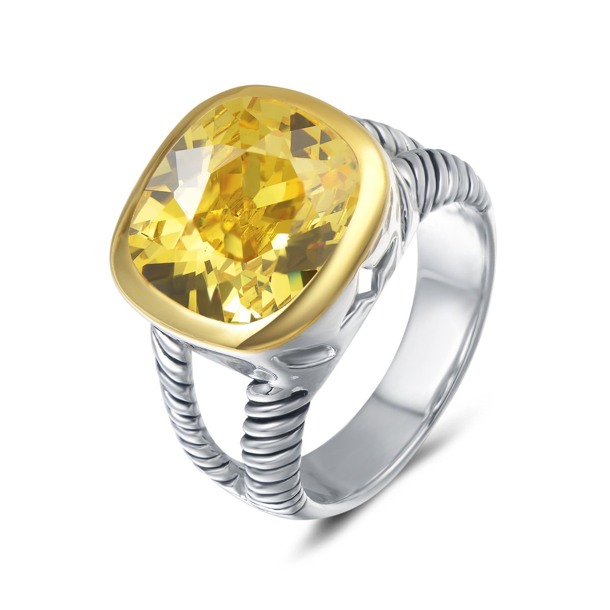 UNY JEWEL Twisted Cable Wire Two Tone Cusion Cut CZ Statement Ring Designer Inspired Fashion Love Antique Women Jewelry Gift (Dark Yellow, 7)