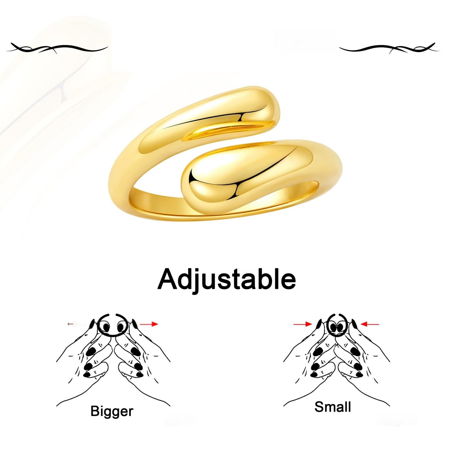 AIETUE Chunky Rings For Women, Gold Silver Thumb Ring Asymmetrical Wavy Curve Ring Adjustable Non Tarnish Dainty Stainless Steel New Year Anniversary Birthday Jewelry Gift (Teardrop Gold)