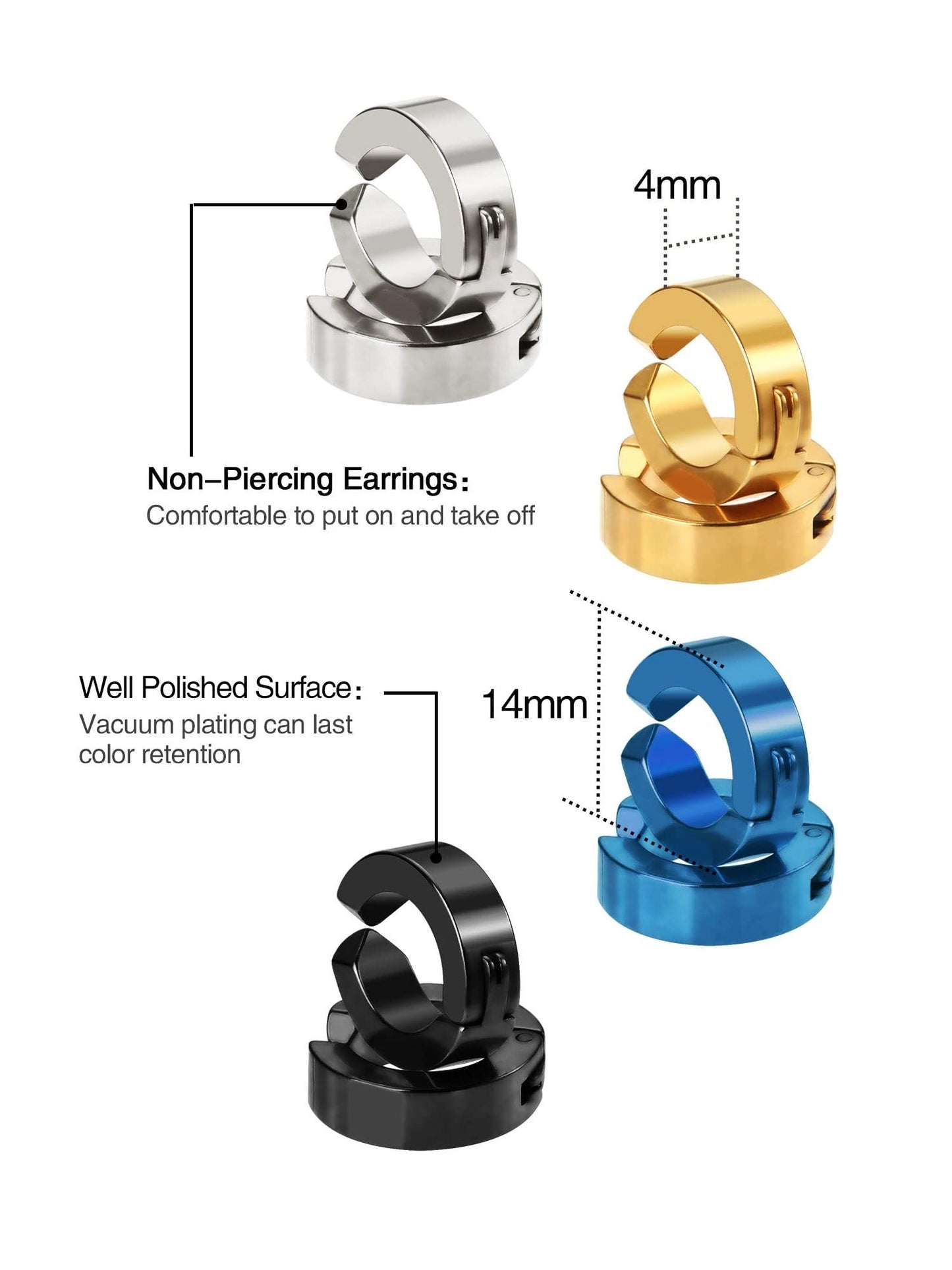 Mudder 8 Pieces Clip on Earrings for Men Magnetic Hoop Earrings Non-Piercing Earrings Fake Ear Clip Studs for Men Women, Stainless Steel Clip Earrings, 4 Colors