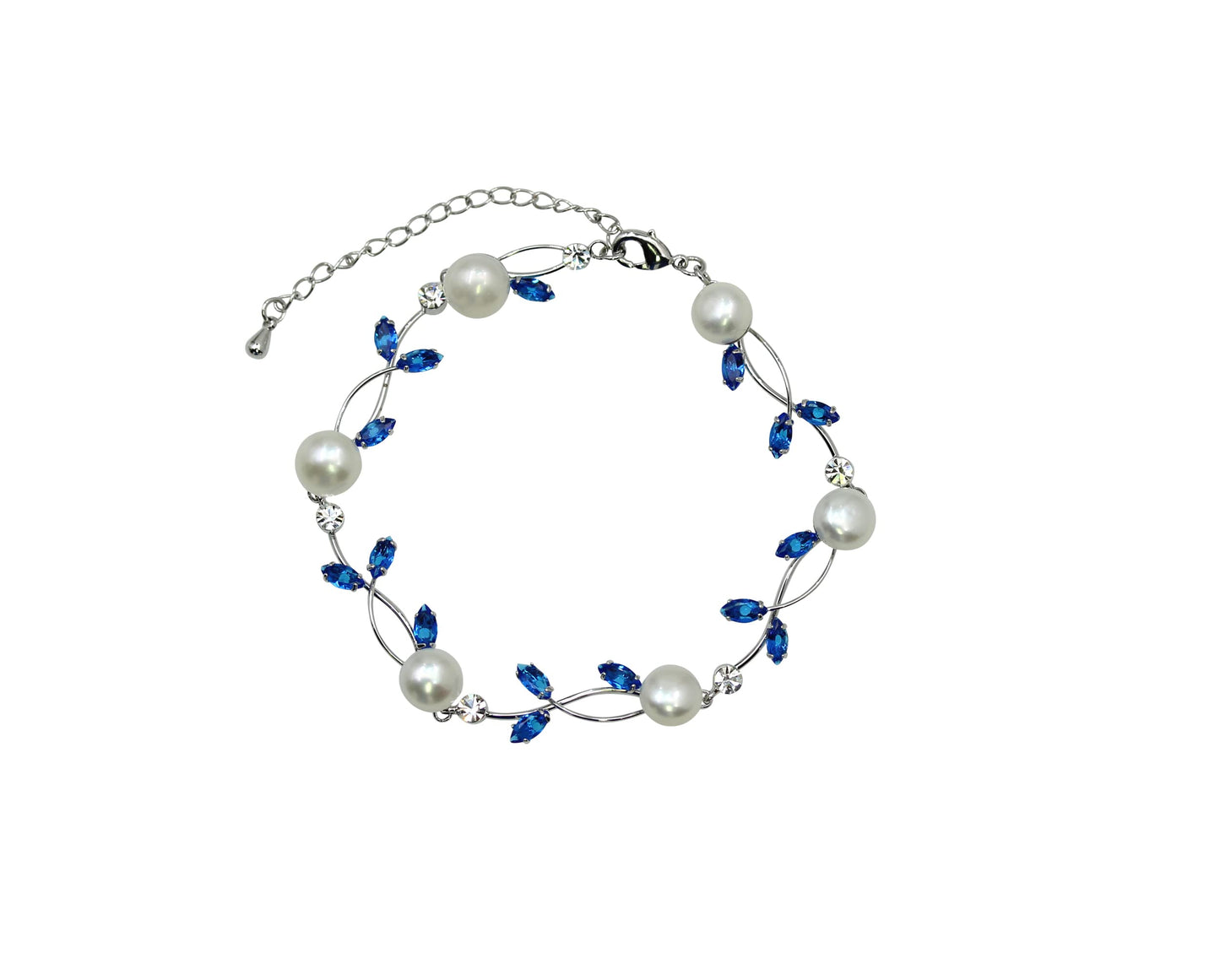 Faship Blue CZ Crystal Genuine Freshwater Pearls Floral Bracelet 7.5" - 9.5" - Blue/Matching Bracelet