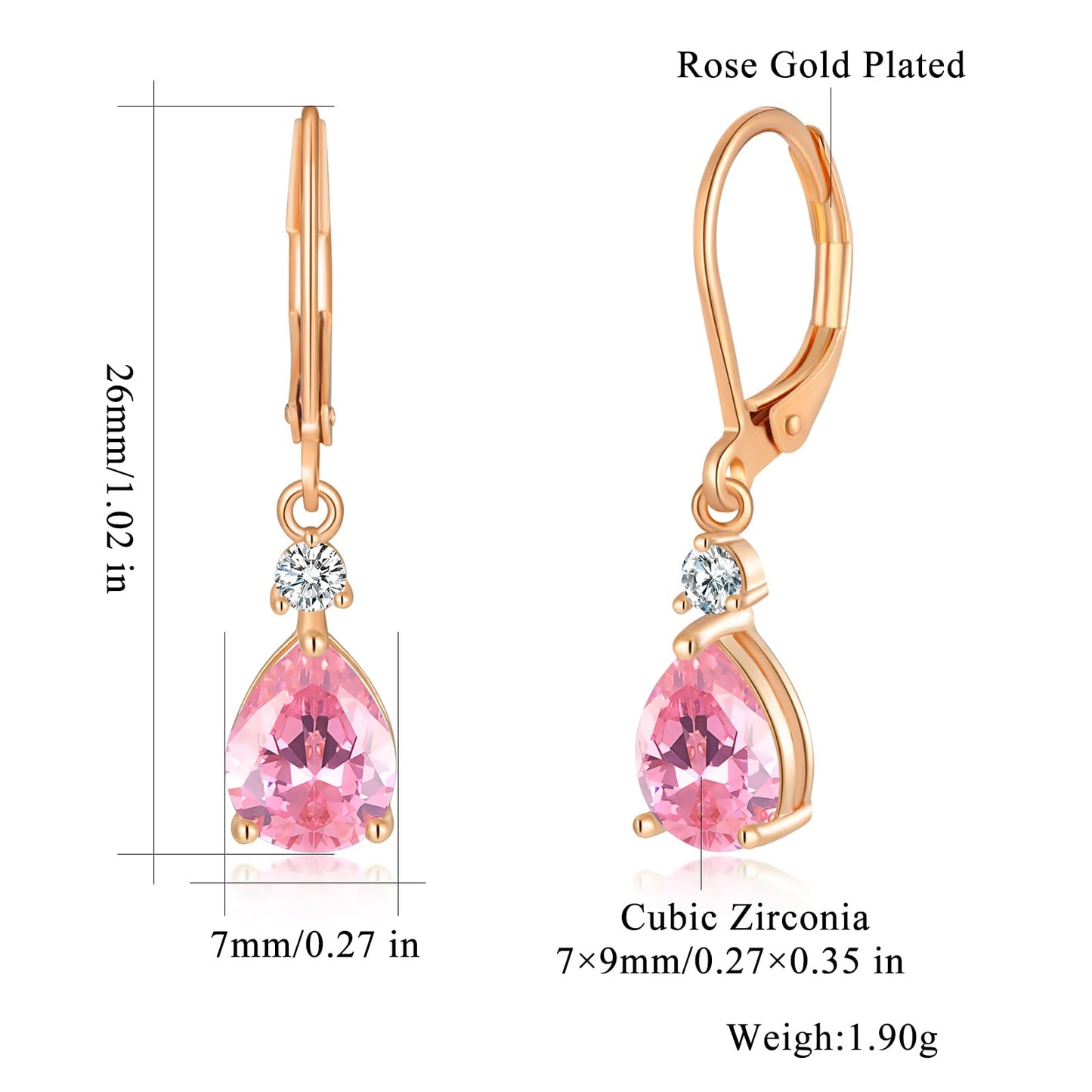 CiNily Leverback Dangle Earrings for Women 14K Rose Gold Plated Drop Earrings Pink Cubic Zircon Fashion Teardrop Hoop Earrings Hypoallergenic Jewelry