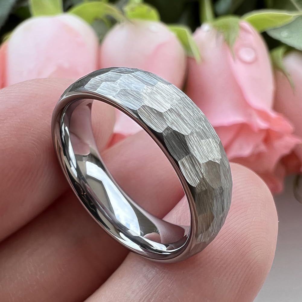 TUTISS 6mm Hammered Tungsten Carbide Rings for Men Women Engagement Wedding Bands Domed I Love You Engraved Comfort Fit Size 9