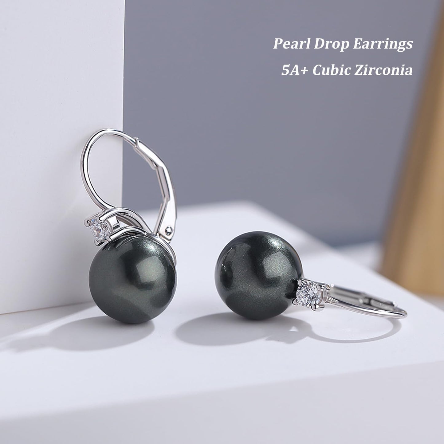 Black Pearl Leverback Earrings Pearl Dangle Drop Earring for Women 925 Sterling Silver Cubic Zirconia 10mm Jiahanzb