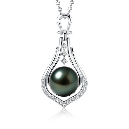 Genuine Tahitian Black Pearl Necklace 10-11mm - Christmas Gift for Women Wife, Mom, daughter, Jewelry Gifts for Wedding Anniversary Birthday, Seawater Pearl with Sterling Silver Moissanite Pendant