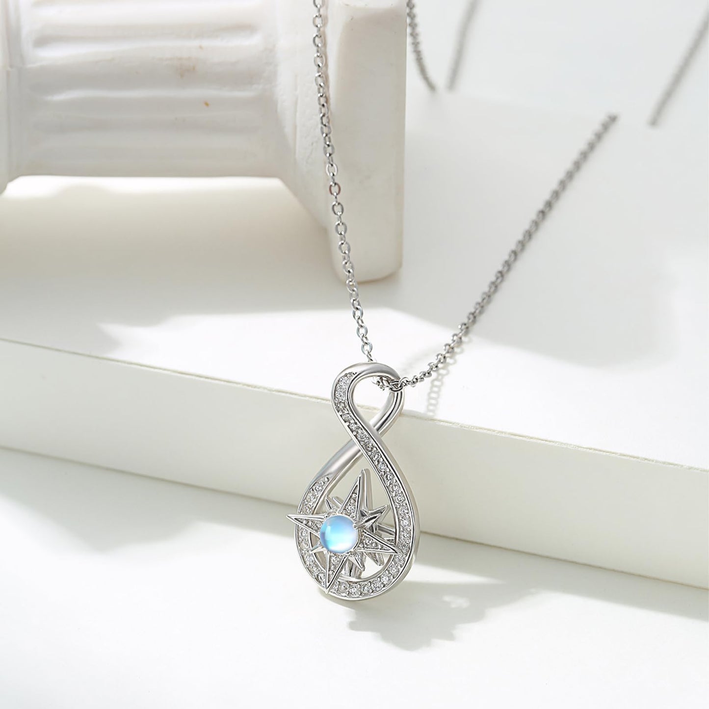 Silikepa Star Necklace for Women 925 Sterling Silver North Star Pendant Necklace Infinite Rotating Pendant with Moonstone Jewelry Gift for Women