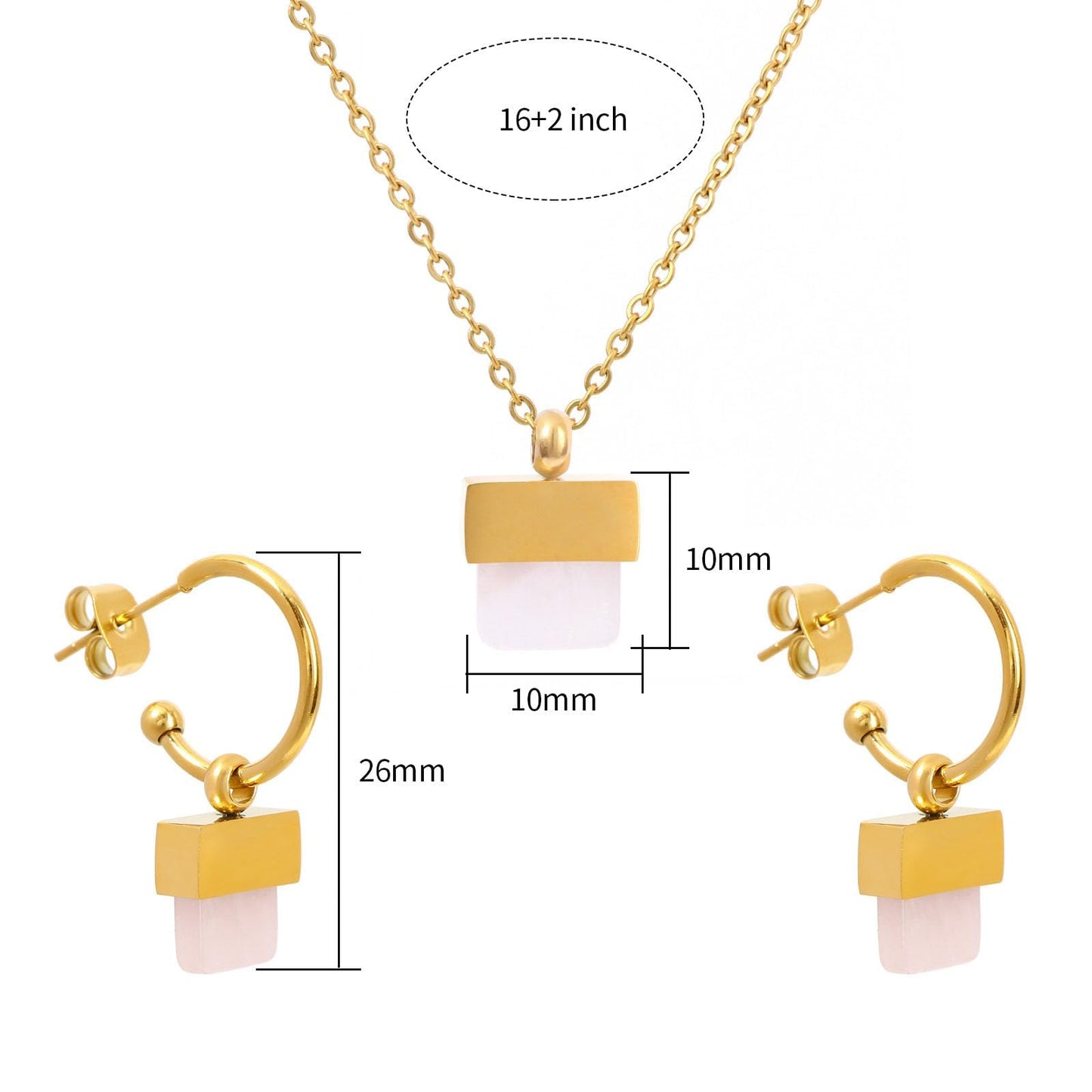 TaYolnFaSo Natural Rose Quartz Necklace and Earrings Set for Women 18K Gold Plated Rose Quartz Jewelry Set Square Gemstone Jewelry Gift