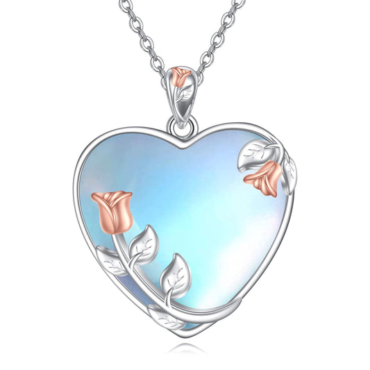 YAFEINI 925 Sterling Silver Heart Moonstone Necklace Rose Flower Filigree Pendant Necklace Jewelry Gift for Women (UU-Rose Flower Moonstone)