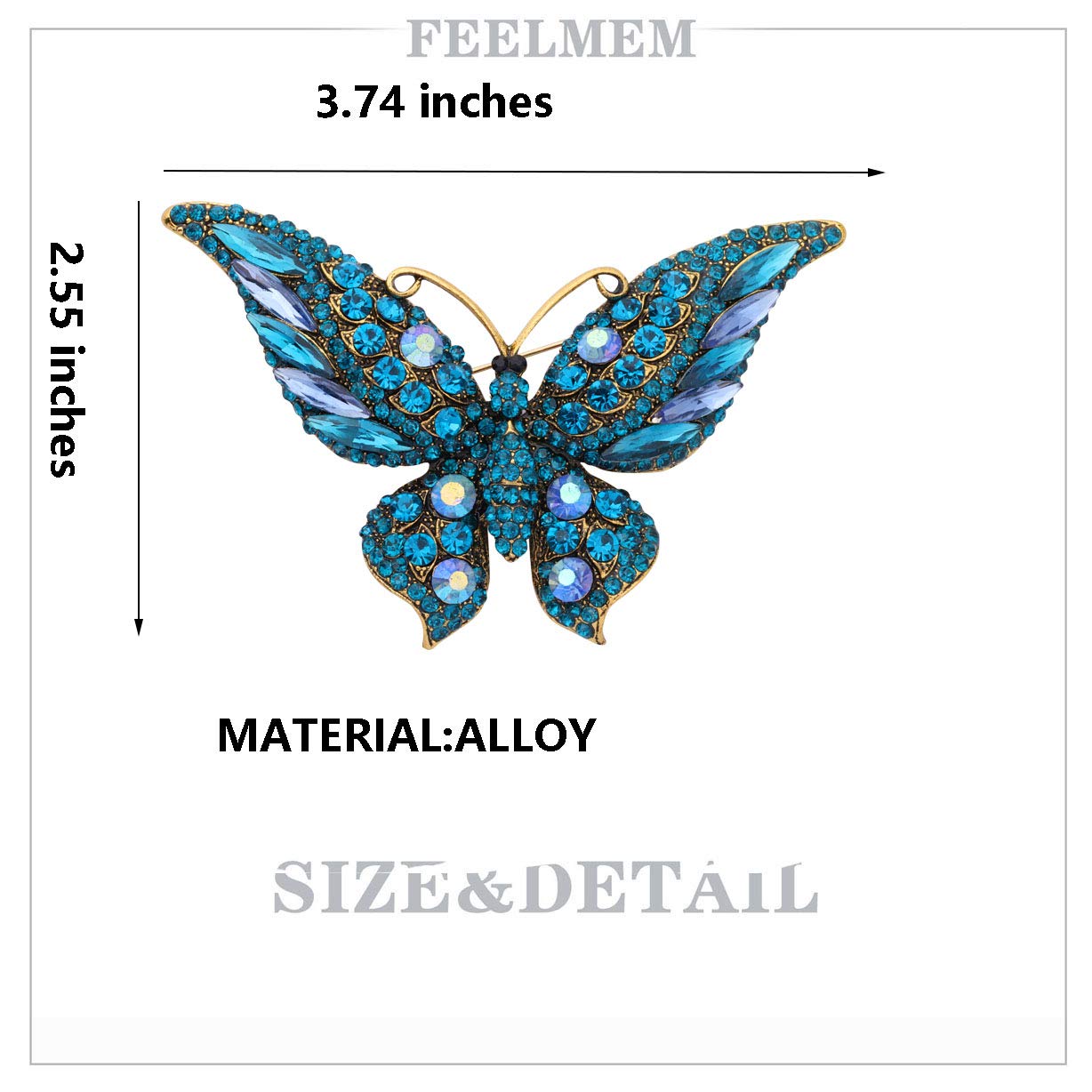 FEELMEM Crystal Rhinestone Butterfly Brooch Pin Blue Color Butterfly Brooches for For Women Wedding/Banquet/Birthday Party (blue-2)