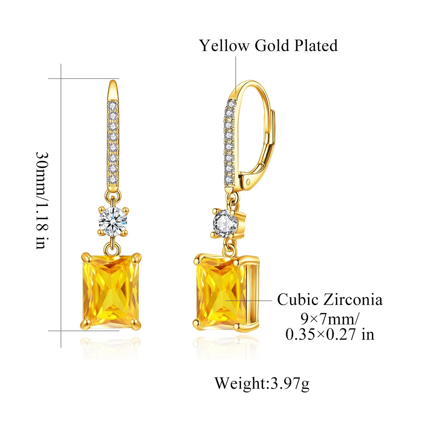 CiNily Leverback Earrings for Women Rectangular-cut Drop Dangle Earring Hypoallergenic, 14K Gold Plated Yellow Cubic Zircon Earrings Diamond Dangle Ear Rings Jewelry Birthday