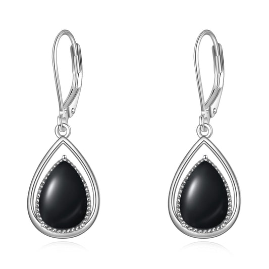 VONALA Black Onyx Earrings 925 Sterling Silver Black Onyx Leverback Earrings Teardrop Dangle Dangling Earrings Jewelry Gift for Women