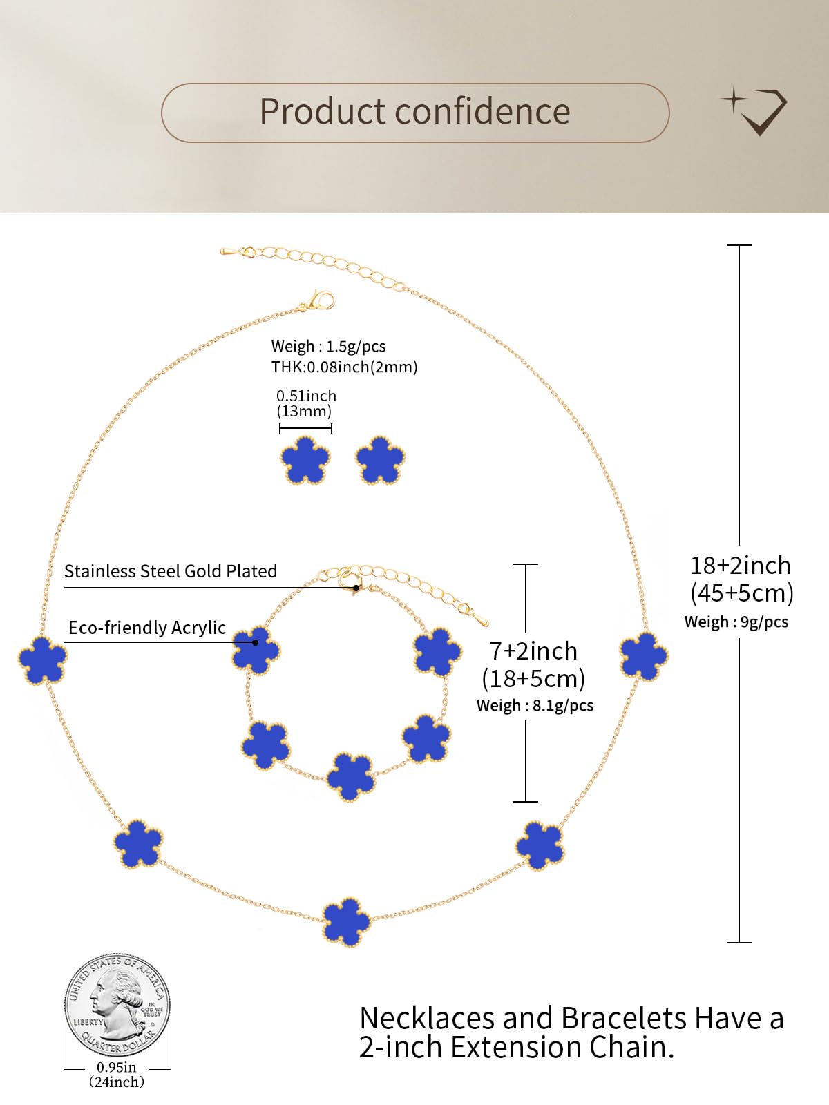 Qinpan Five Leaf Clover Necklace Bracelet and Stud Earrings Set for Women Lucky Flower Jewelry (Royal Blue-14K Gold Plated)