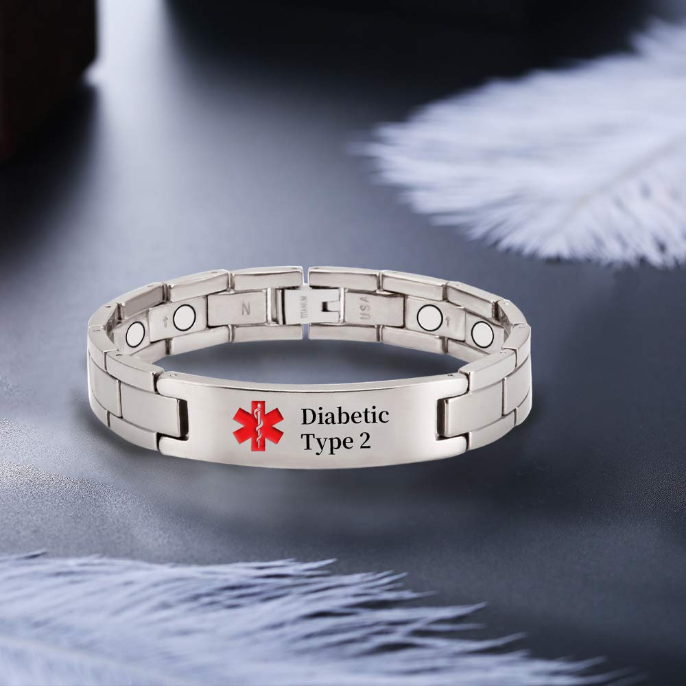 EnerMagiX Titanium Medical Alert Bracelet for Men Women, Type 2 Diabetes, High Blood Pressure, Blood Thinner, Hypoallergenic, 8.46inch Wristband