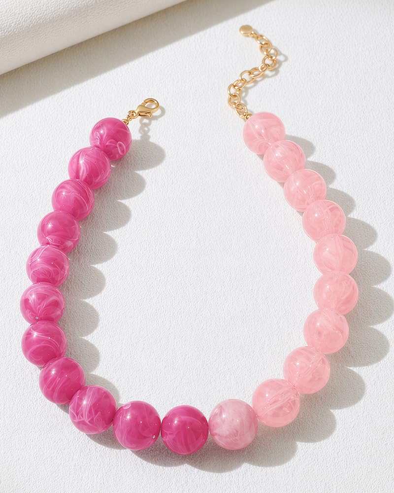 FAUTHENTICUTE Chunky Pink Necklace for Women Two-tone Pink Polished Round Resin Beaded Necklace Trendy Bead Collar Statement Necklace for Summer and Beach Boho Jewelry Gifts