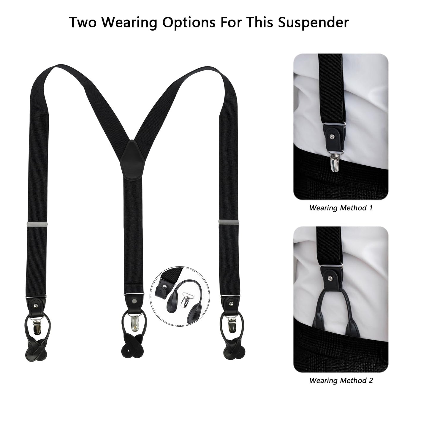 LEHOMU Men Suspenders Adjustable,1.4 Inch Wide Heavy Duty Y-Back Elastic Tuxedo Elastic Mens Suspenders with Leather Buttons and 3 Metal Clips,Black and Grey Stripe