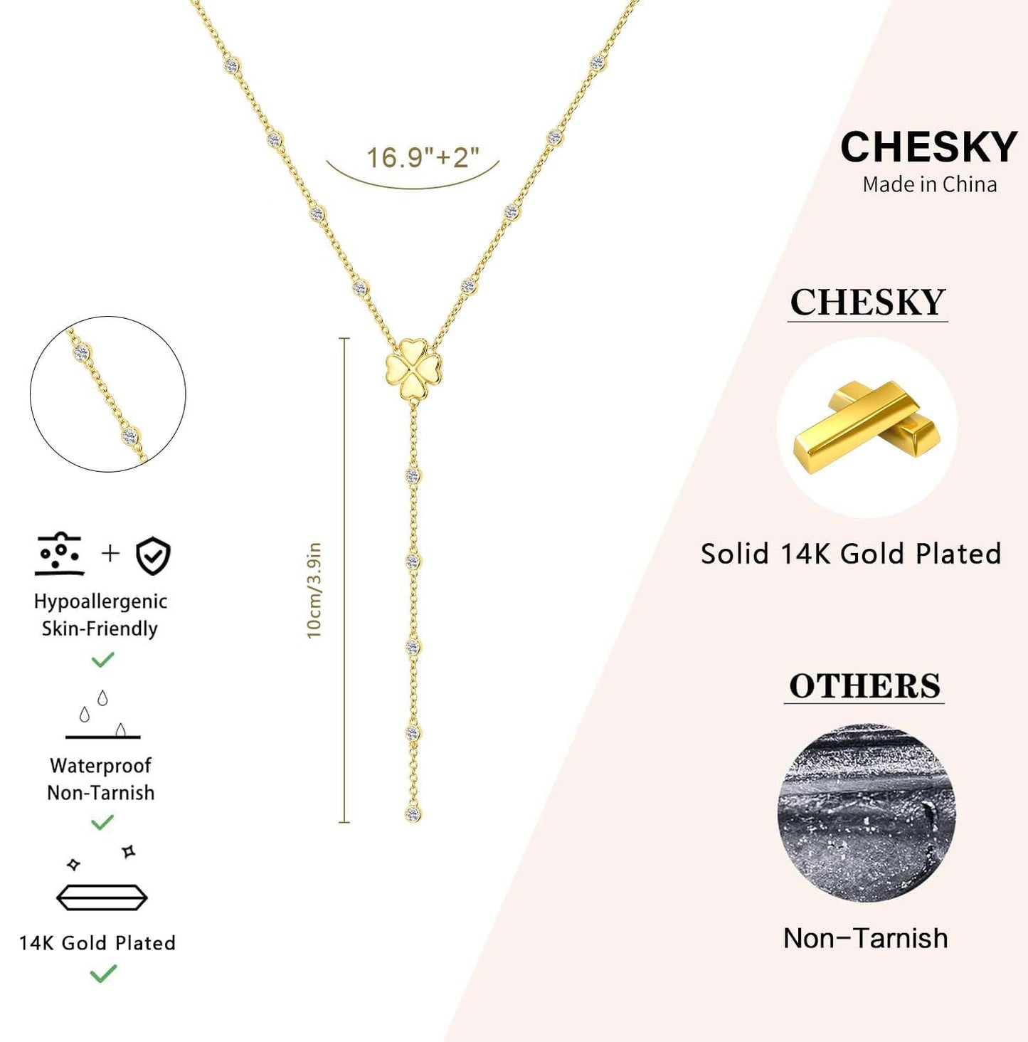 CHESKY Lariat Gold Necklace for Women, Dainty Long Necklace 14k Gold Plated Y-Shaped Pendant Necklace Trendy CZ Beaded Chain Four Leaf Drop Necklaces Gold Jewelry for Women Gifts