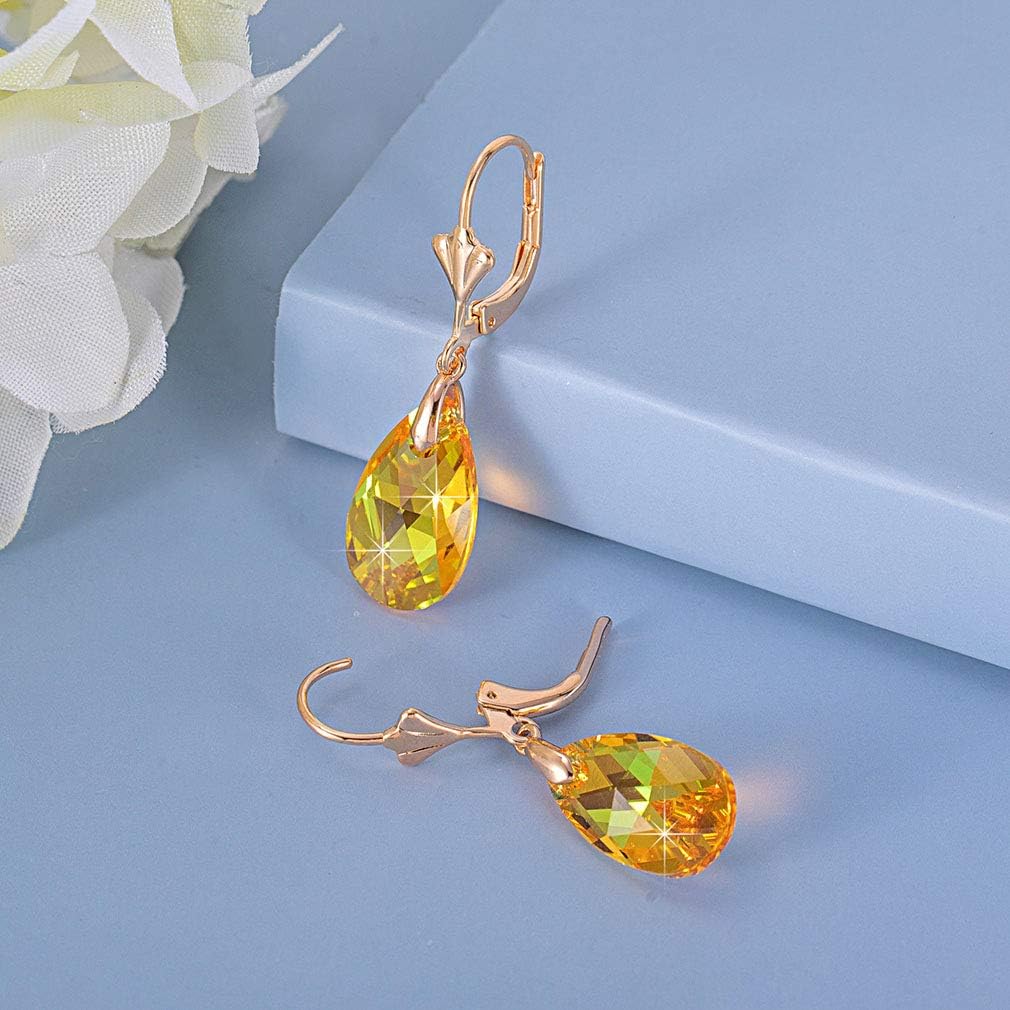 Austrian Crystal Teardrop Leverback Dangle Earrings for Women Fashion 14K Gold Plated Hypoallergenic Jewelry (Yellow)