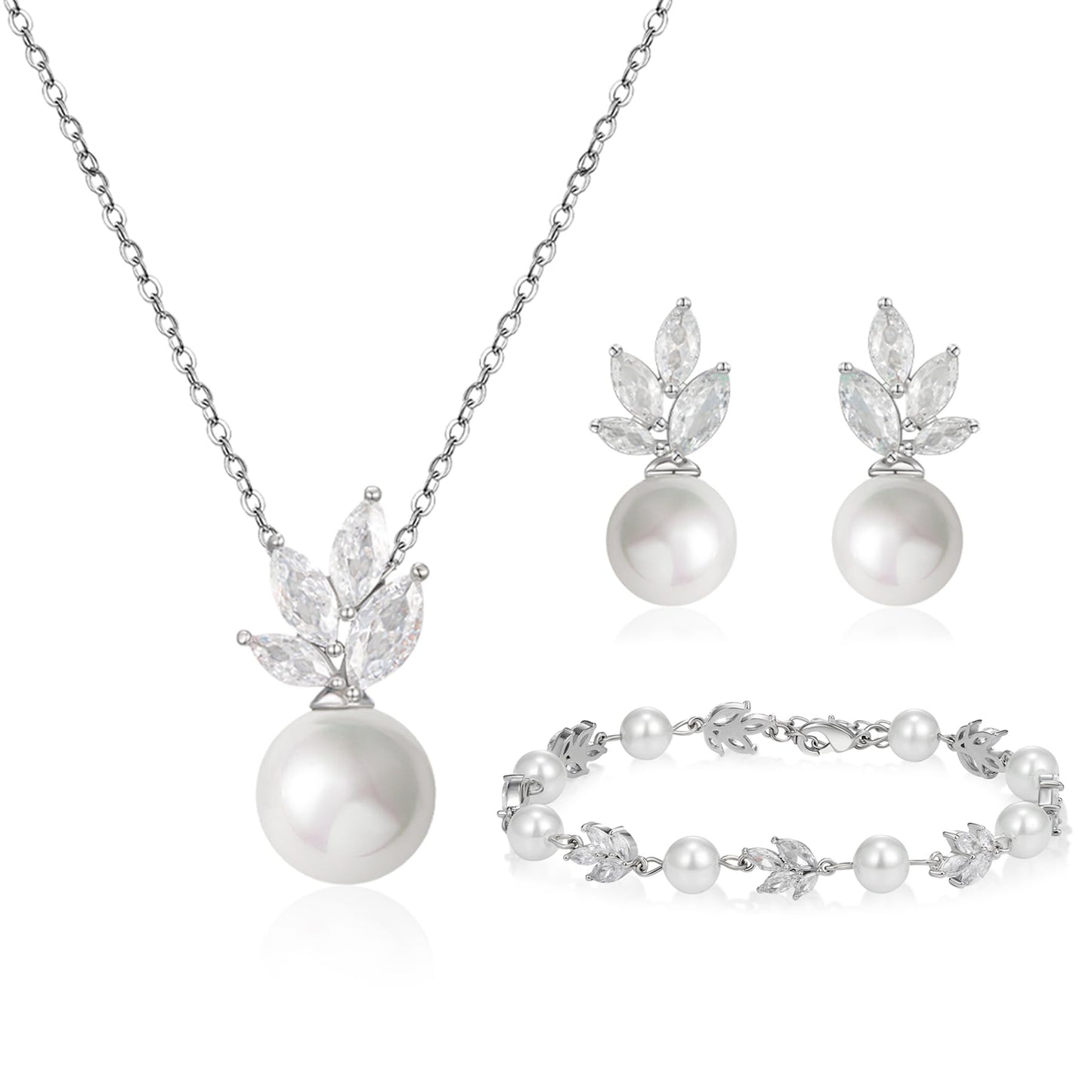 SWEETV Bridal Jewelry Set for Wedding, Cubic Zirconia Pearl Floral Bridal Earrings Necklace Bracelet Set, Silver Jewelry Set for Bride Women
