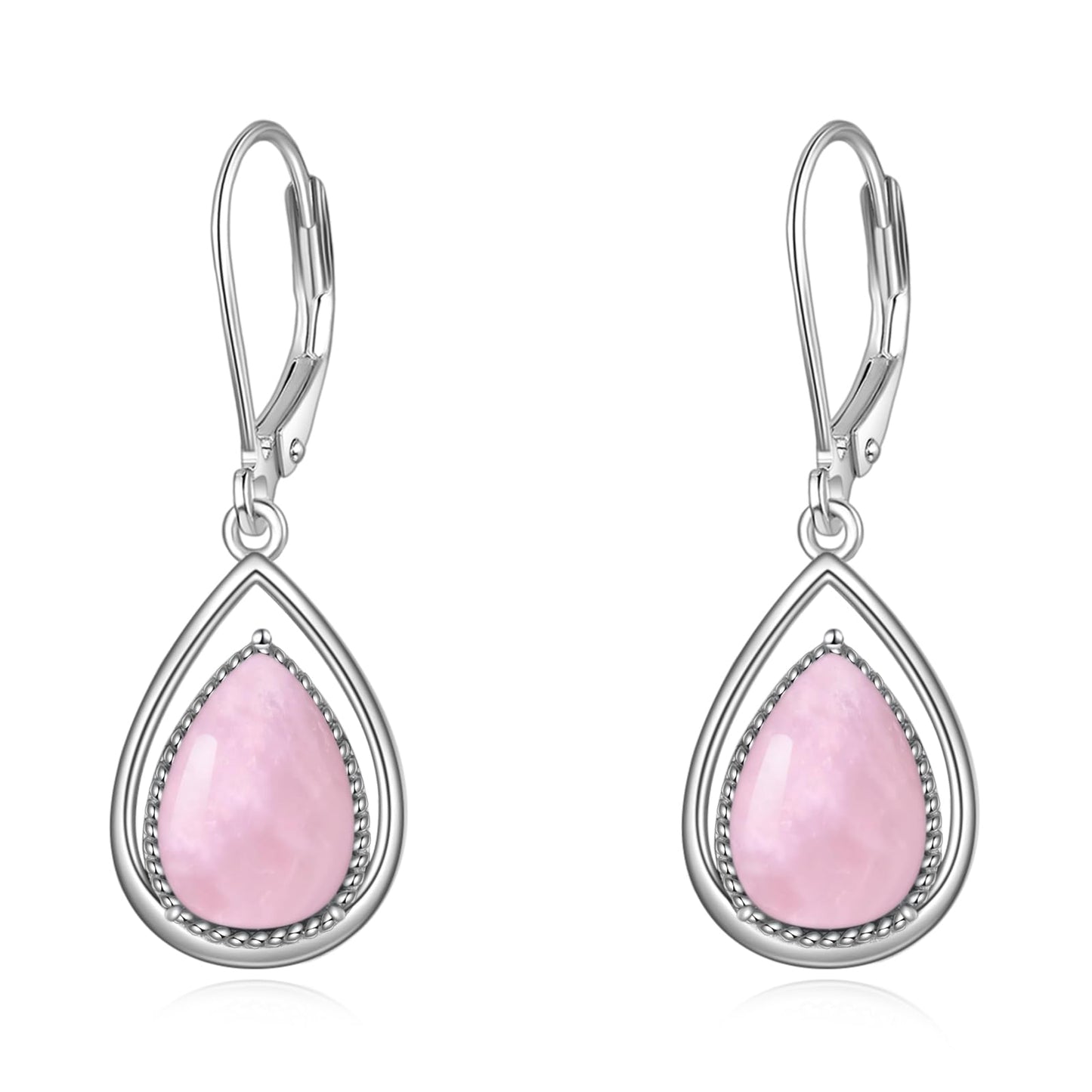 VONALA Valentine's Day Gifts 925 Sterling Silver Rose Quartz Leverback Earrings Pink Stone Teardrop Drop Dangling Earrings Jewelry Gift for Women