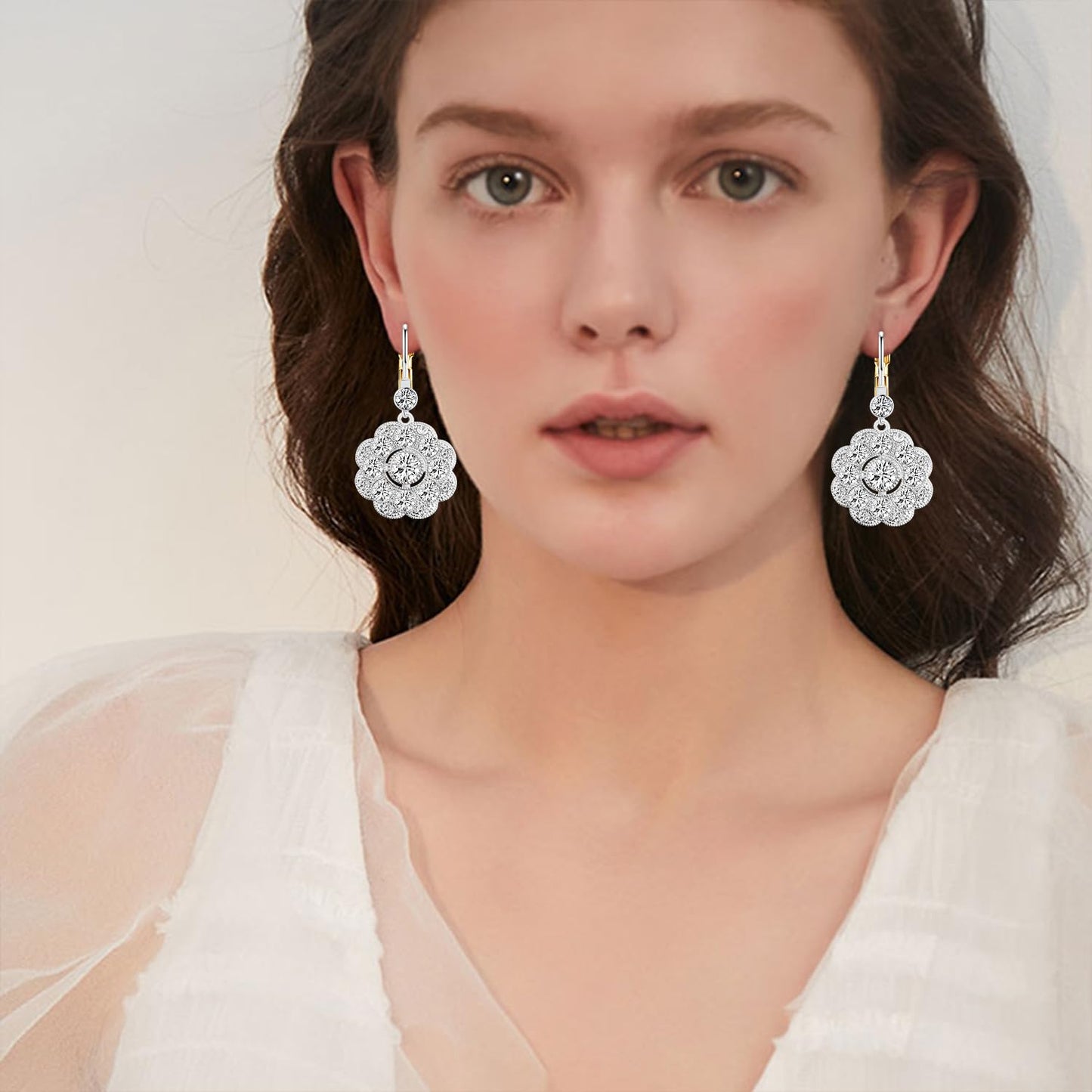 JNONL Vintage Silver Sparkly Crystal Camellia Flower Leverback Earrings Rhinestone Snowflake Round Dangle Drop Earrings for Women (Silver 4)