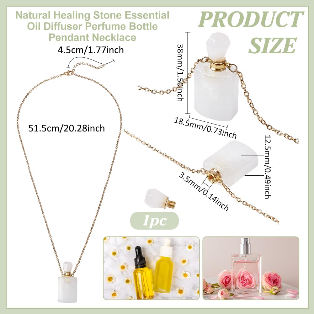 PH PandaHall Stone Essential Oil Necklace, Natural Quartz Crystal Perfume Bottle Necklace Rectangle Clear Crystal Vial Necklaces with Golden Chain for Women Jewelry, 1 Piece