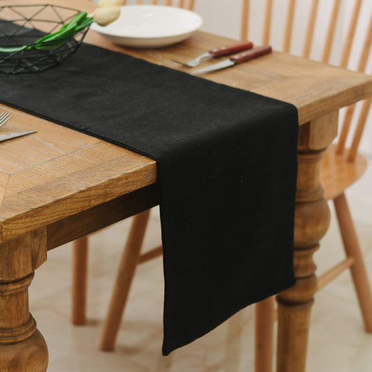 2 Piece Fabric in 1 Dinning Table Runner 12 x 120 Inches Farmhouse Kitchen Coffee Burlap Table Runner for Holiday Party, Black