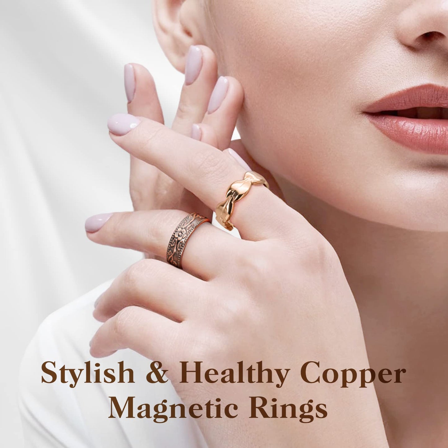 Copper Rings for Women Magnetic Rings Finger Thumbs 3500 Gauss Strong Magnets -100% Solid Pure Copper Ring with Jewelry Gift Box (2PCS)