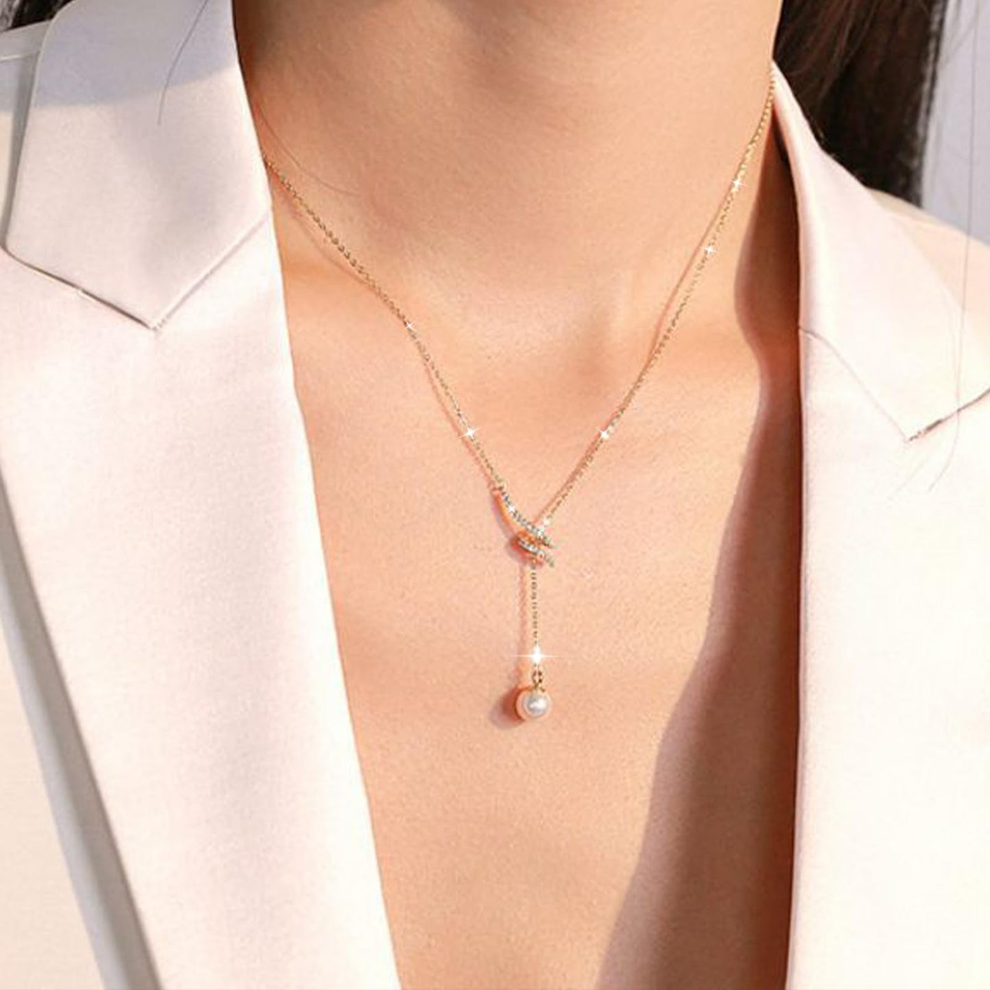 UTISUVIKO Lariat Necklace for Women,Dainty Long 14K Gold Plated Y-Shaped Pearl Necklace 925 Sterling Silver Cubic Zirconia Crystal Ball Sparkle Necklace for Mother Daughter Wedding Mother's Day Jewelry