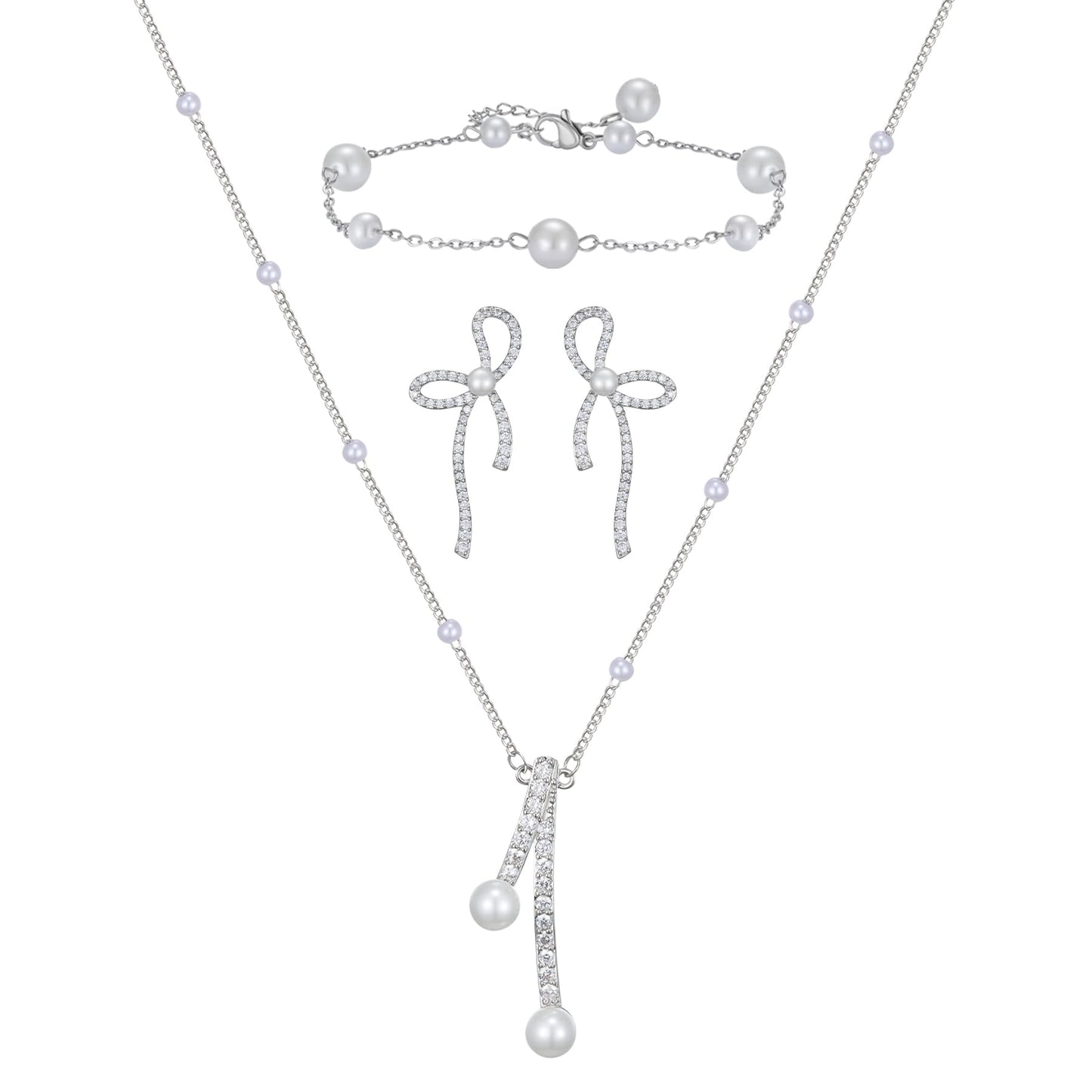 SWEETV Pearl Bridal Jewelry Set for Wedding, Bow Necklace and Earring Sets for Women Bridal Bridesmaid, Cubic Zirconia Silver Jewelry Set Wedding Prom Anniversary Jewelry Gifts