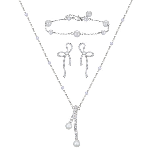 SWEETV Pearl Bridal Jewelry Set for Wedding, Bow Necklace and Earring Sets for Women Bridal Bridesmaid, Cubic Zirconia Silver Jewelry Set Wedding Prom Anniversary Jewelry Gifts