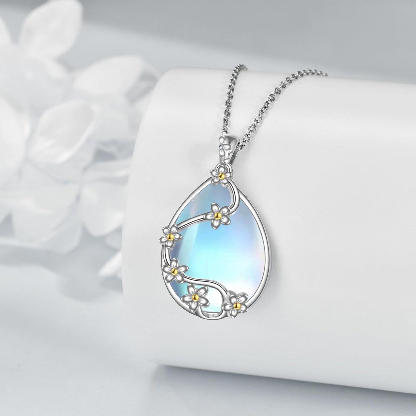 YAFEINI 925 Sterling Silver Moonstone Necklace Filigree Teardrop Flower Pendant Necklace Jewelry for Women (H-Moonstone flower necklace)