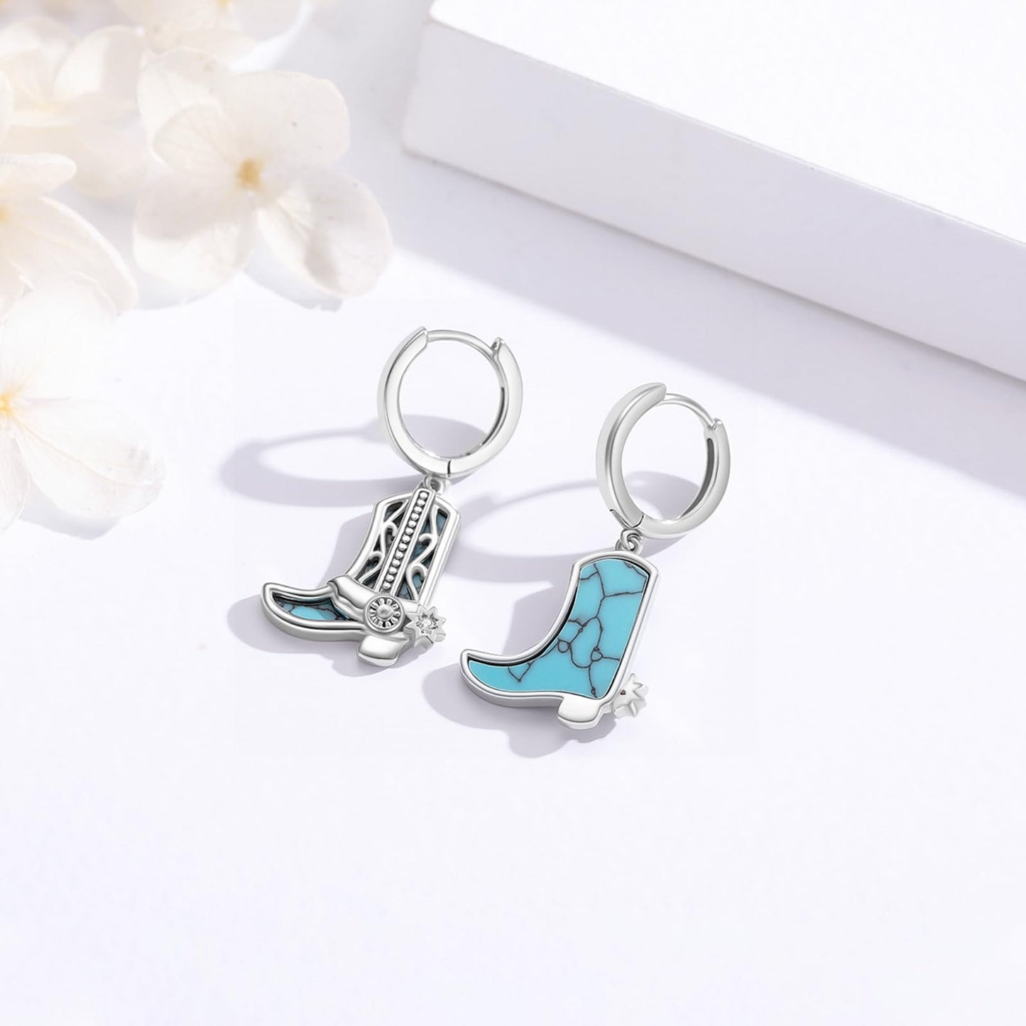 KoyeKei Cowgirl Boot Hoop Earrings Country 925 Sterling Silver Turquoise Western Cowboy Texas Boot Dangle Drop Earrings Country Jewelry Gifts for Mom Women
