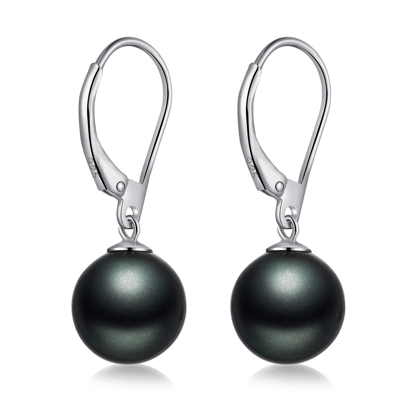 Han han Black Pearl Dangle Earring for Women Sterling Silver Leverback Earrings 10MM