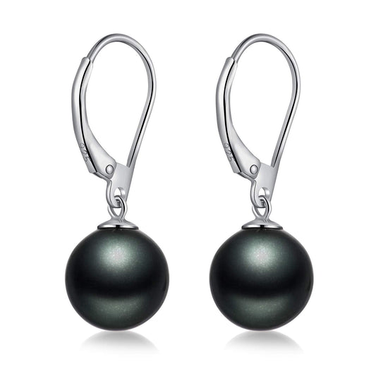 Han han Black Pearl Dangle Earring for Women Sterling Silver Leverback Earrings 10MM