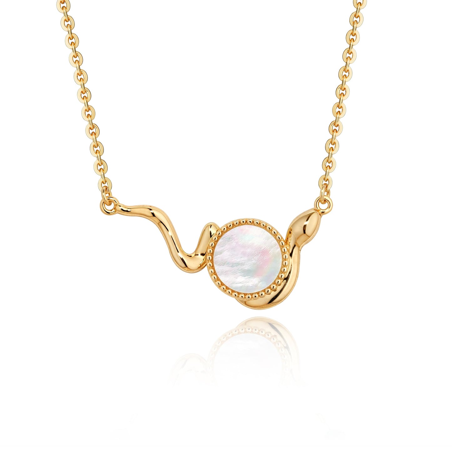 Fettero Dainty MOP Necklaces for Women, 14K Gold Plated Snake Pendant Cute Charm Neclace Delicate Pearl Beach Gold Necklace for Women Jewelry Gift