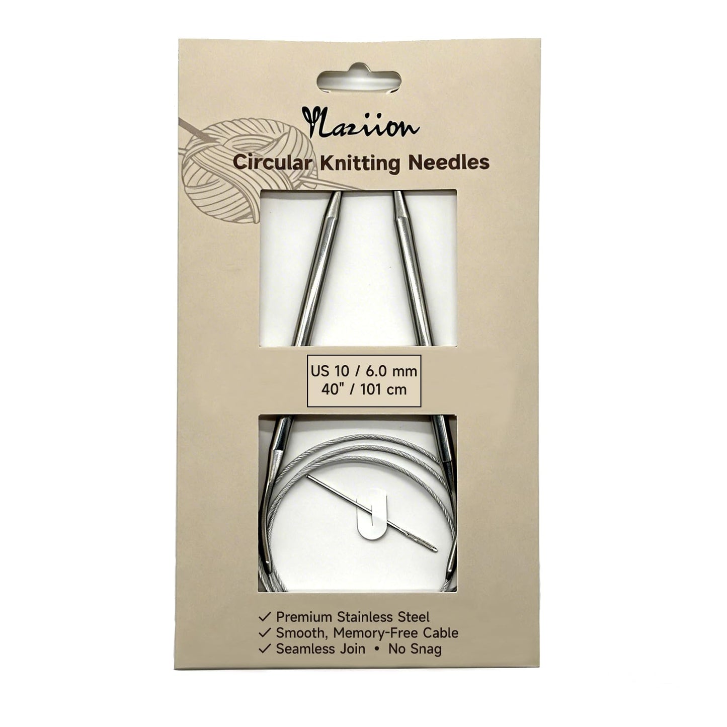 YLAZIION Size US 10 Circular Knitting Needles 6.0mm, 40 Inch Extra Long Stainless Steel Knitting Needle, Ergonomic Metal Circle Needle for Chunky Yarn Bulky Projects, 101 cm
