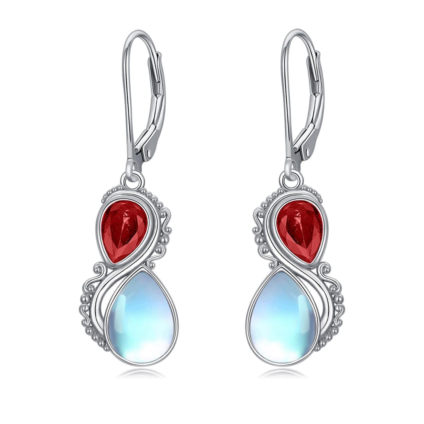 Moonstone Earrings 925 Sterling Silver Vintage Dangle Drop Leverback Earrings with Red July Birthstone Jewelry Gifts for Women