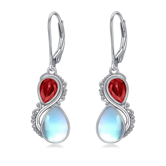Moonstone Earrings 925 Sterling Silver Vintage Dangle Drop Leverback Earrings with Red July Birthstone Jewelry Gifts for Women