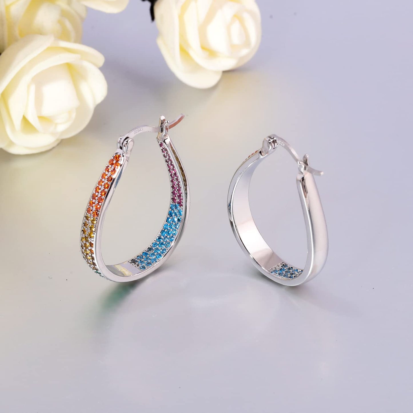CiNily 925 Sterling Silver Post Hoop Earrings for Women 14K White Gold Plated Multcolors Cubic Zirconia Hoop Earrings Gemstone Hoops Oval Chunky Earrings Jewelry