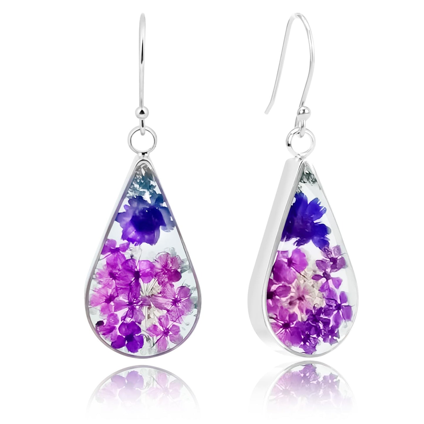 925 Sterling Silver Pressed Flower Teardrop Earrings,Hypoallergenic Women's Jewelry Gift for Mom,Handmade natural dried flower teardrop earrings Jewelry Gift (Star Flower Purple)