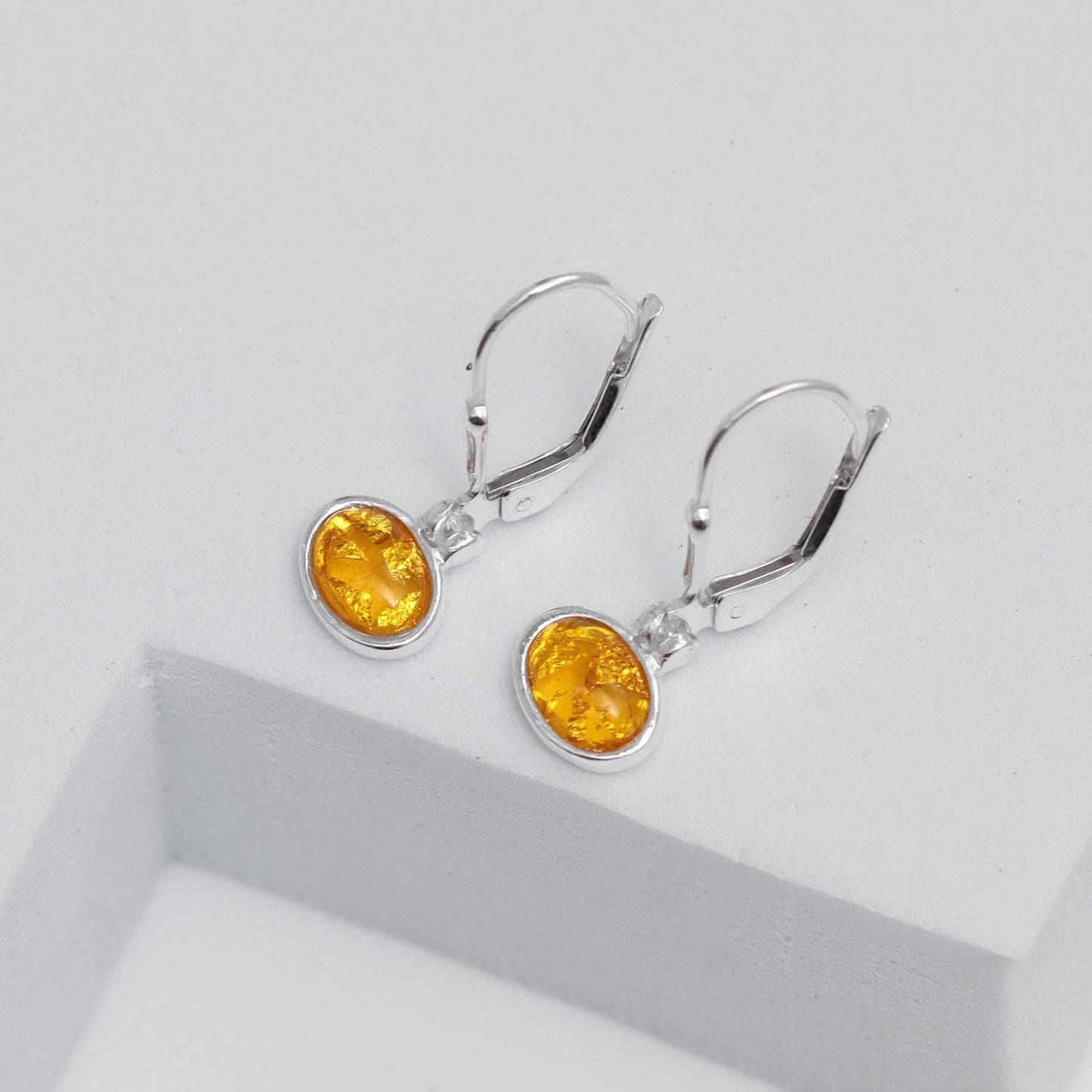 LeCalla 925 Sterling Silver Jewelry | Oval Amber Gemstone Leverback Earrings | Gemstones Faceted Drop Earrings for Women 23MM